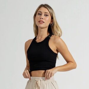 Buffbunny Crop Tank Top Black Large Womens Ribbed Seamless Racerback Gym Stretch